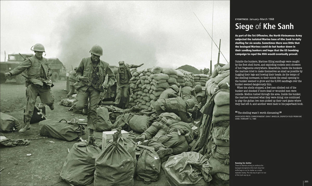 Black and white photograph of soldiers near sandbags with text on the right side.