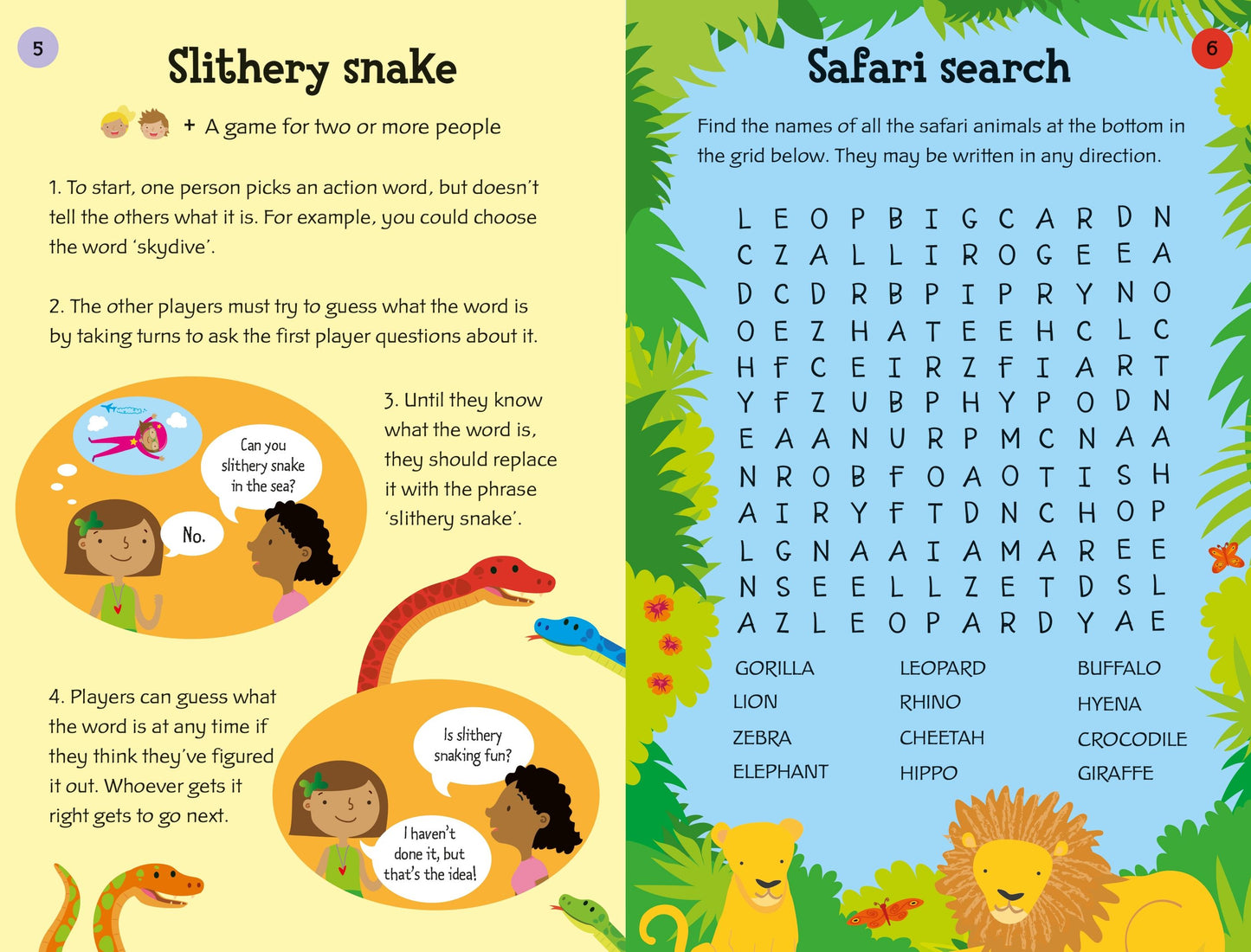 Children's activity book with snake game and safari animal word search
