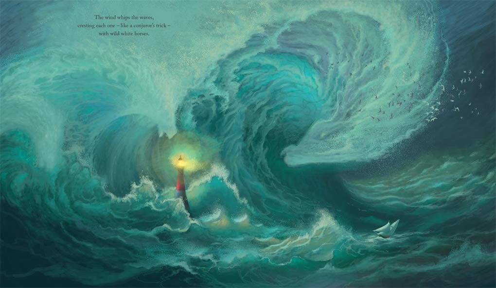 Person holding a light source amidst swirling ocean waters