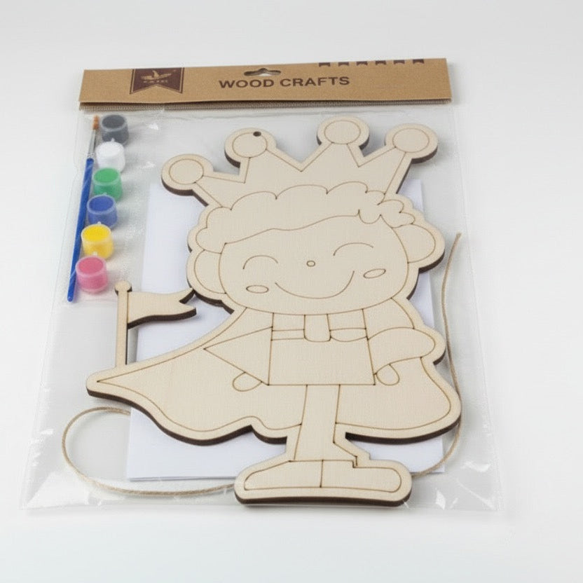 Wooden craft kit with a cartoon character design on a white background