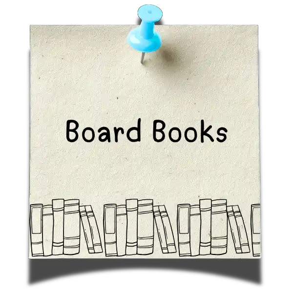A square beige paper note pinned at the top with a blue pushpin, featuring the words 'Board Books' in black text and a simple line drawing of books at the bottom.