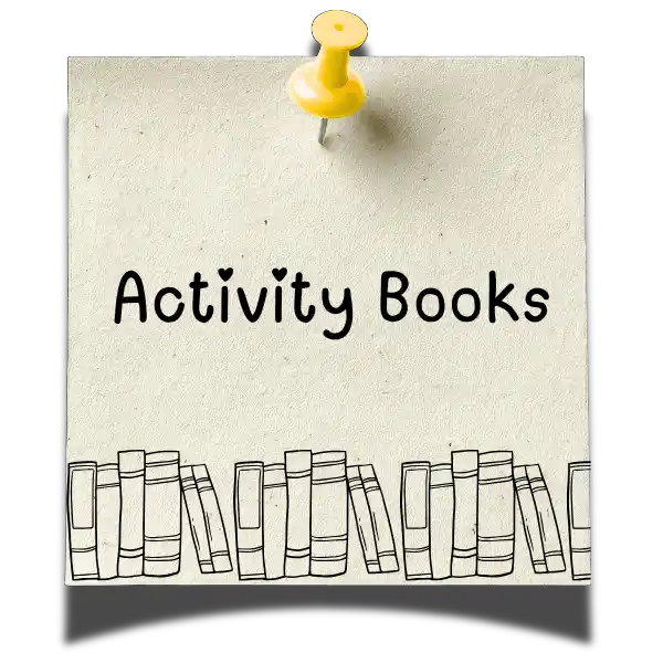 A textured beige sticky note pinned at the top with a yellow pushpin, featuring the words 'Activity Books' in black text and a simple line drawing of books at the bottom.