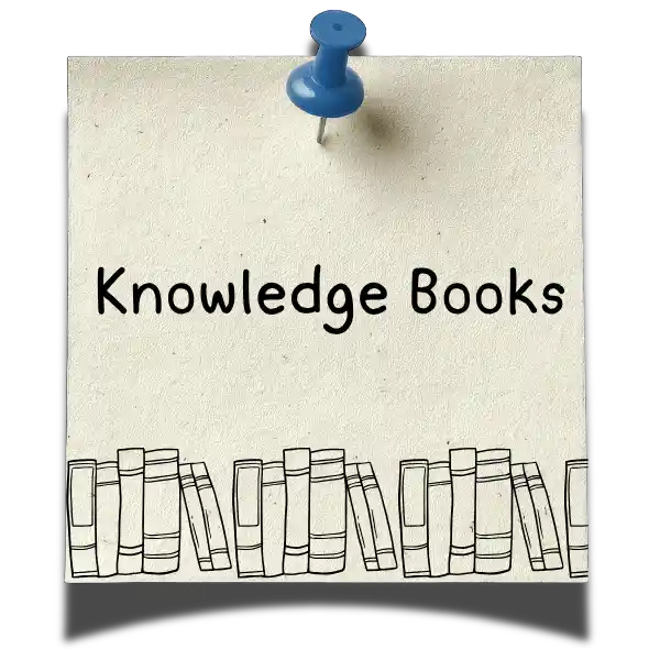 A square textured beige note pinned with a blue pushpin, with the words 'Knowledge Books' printed in black and a simple line drawing of several books at the bottom.