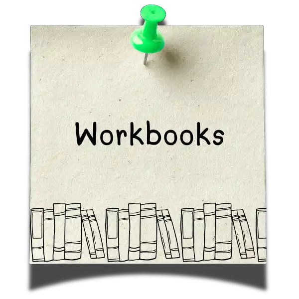 A square cream-colored paper notepad or card pinned at the top with a green pushpin, featuring the word 'Workbooks' in black serif text and a simple line drawing of stacked books near the bottom.