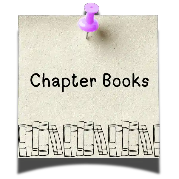 A beige textured note pinned at the top with a purple pushpin, featuring the words 'Chapter Books' in black text and a simple line drawing of several books at the bottom.