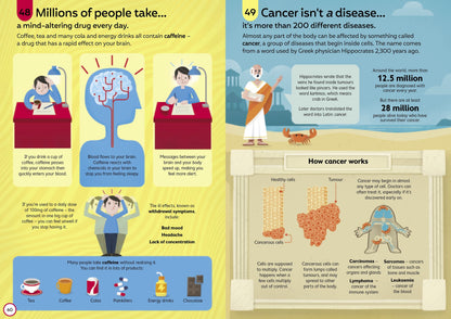Educational infographic about caffeine consumption and cancer, featuring illustrations and text.