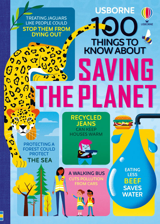 Book cover of '100 Things to Know About Saving the Planet' with illustrations and text.