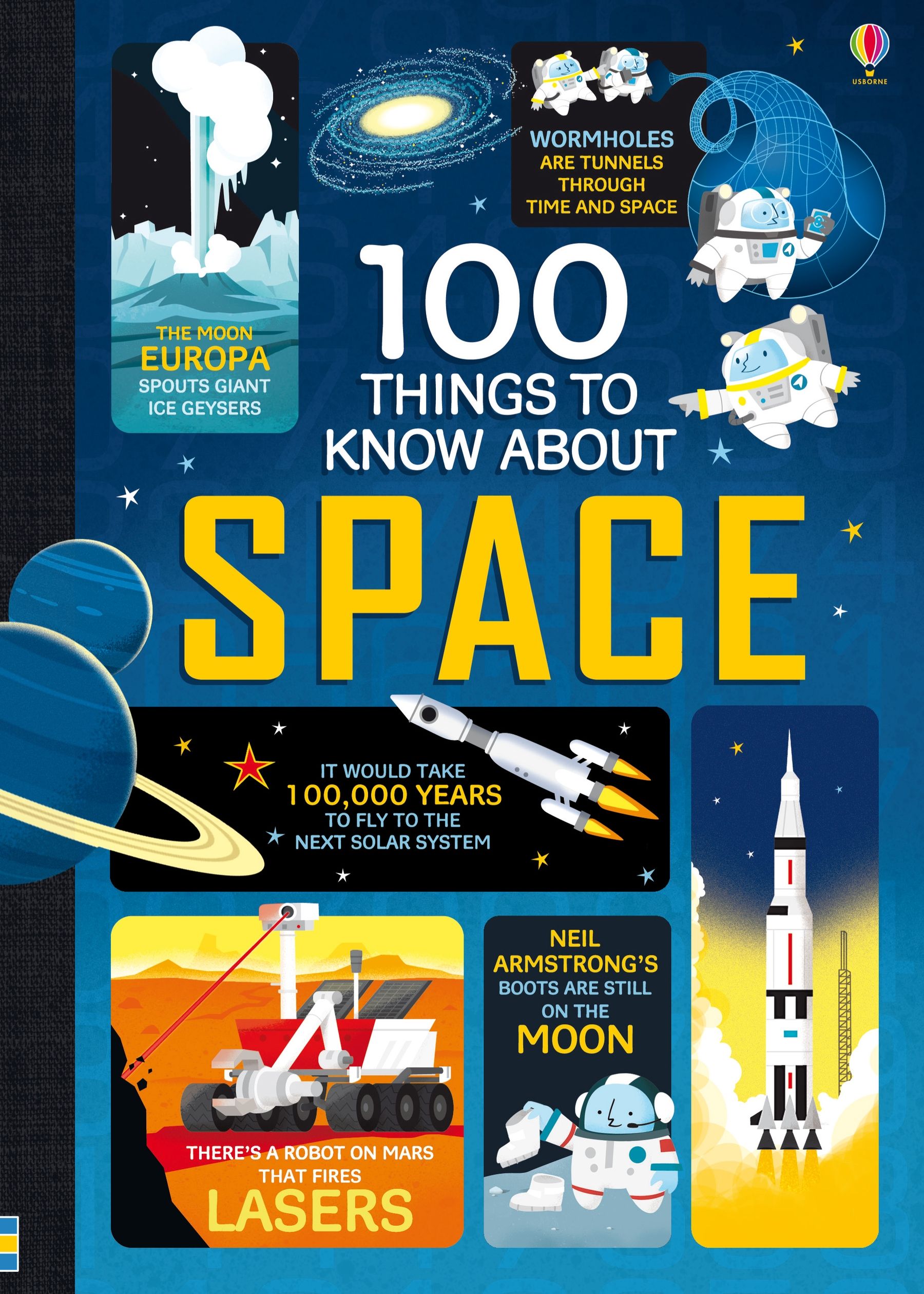 Book cover of '100 Things to Know About Space' with space-themed illustrations and text.