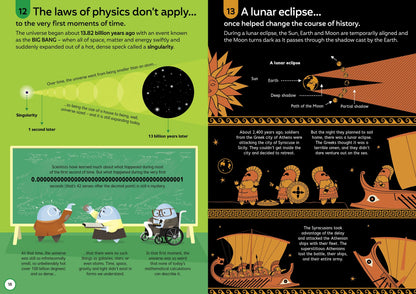 Two educational illustrations about physics and a lunar eclipse, with text and diagrams.
