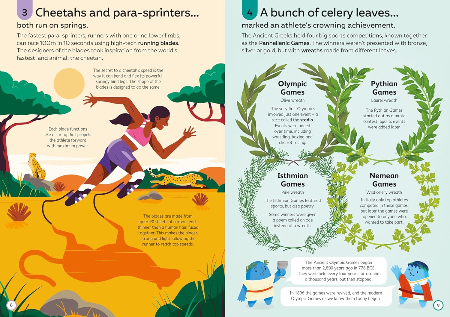 Illustrated pages from a book about cheetahs, para-sprinters, and ancient Greek games.