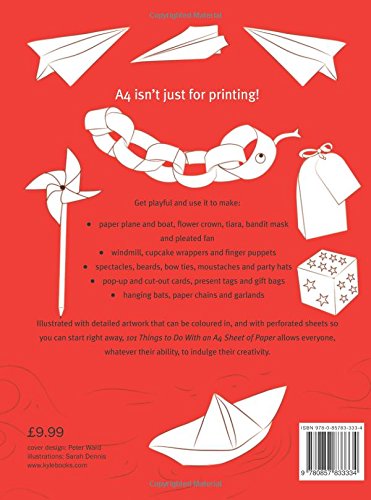 Back cover of a book with paper craft illustrations and text on a red background