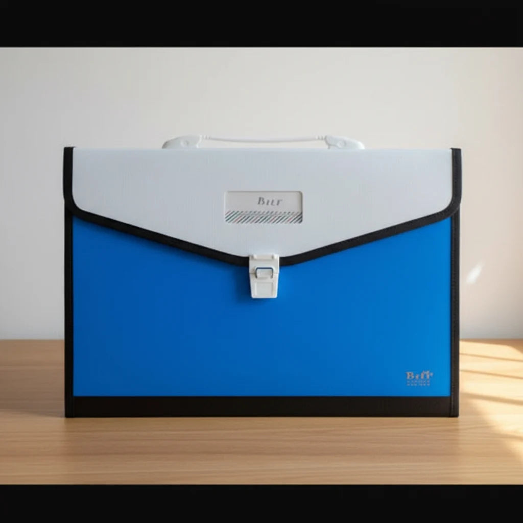 blue expanding folder portfolio standing on top of a light brown table.