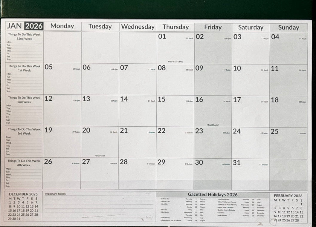 Calendar for January 2024 on a textured surface