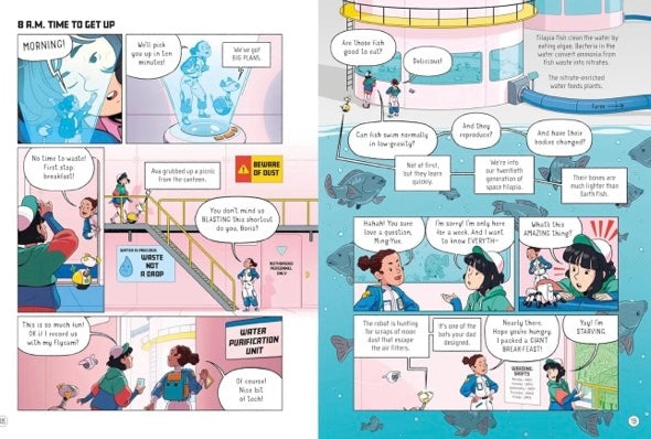 Comic strip with characters in a school setting, including a water purification unit.