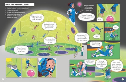 Comic-style illustration of a game being played on a Moonball Court with character actions and dialogue bubbles.