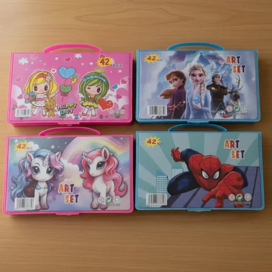 Four colorful art sets with cartoon characters on a wooden surface