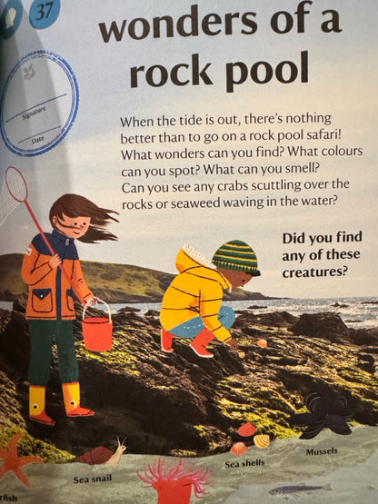 Illustration of two children at a rock pool with text about exploring rock pools.