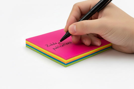 Hand writing on a colorful stack of post-it notes with a pen.