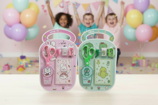 Two sets of scissors and clips in colorful packaging with children and balloons in the background.
