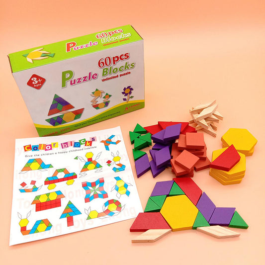 Colorful puzzle blocks with packaging and instructions on a peach background