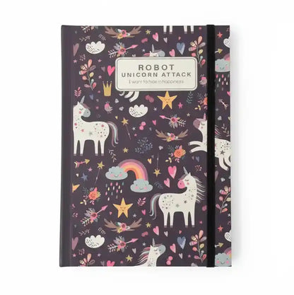 Notebook with unicorn and floral pattern on a dark background