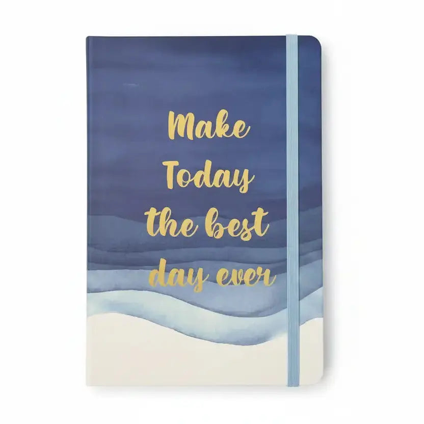 Notebook with blue watercolor design and gold text on a white background