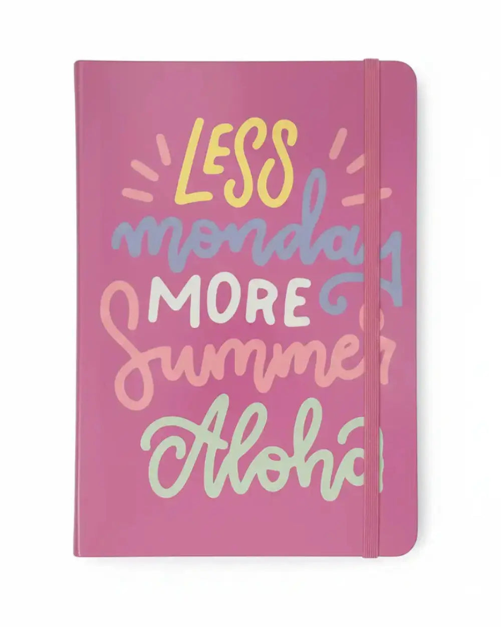 Pink notebook with colorful text on a white background