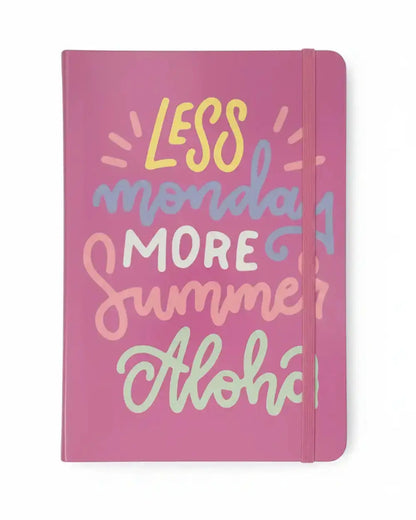 Pink notebook with colorful text on a white background