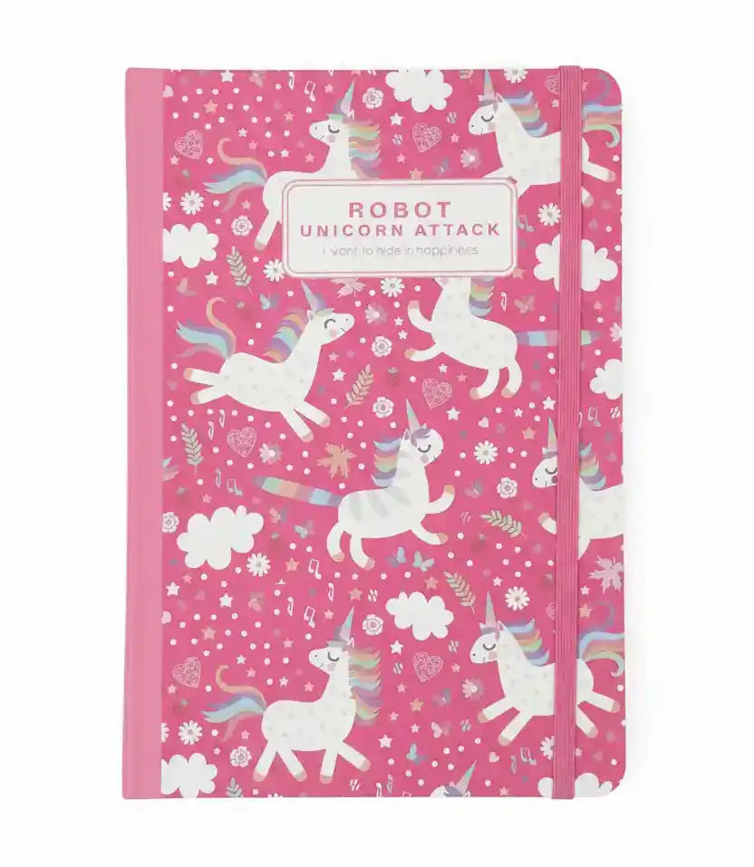 Pink notebook with unicorn pattern on a white background