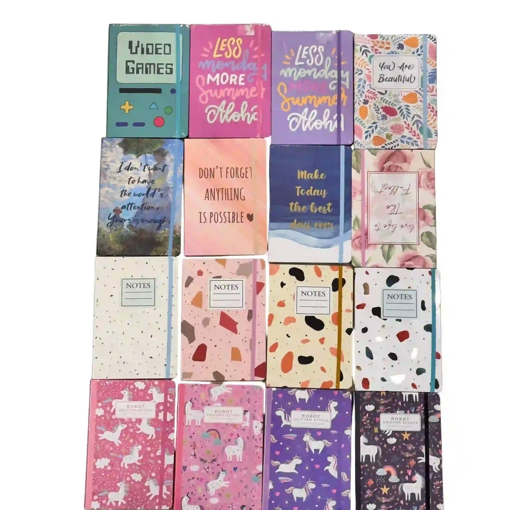 Collection of colorful notebooks with various designs and text on a white background