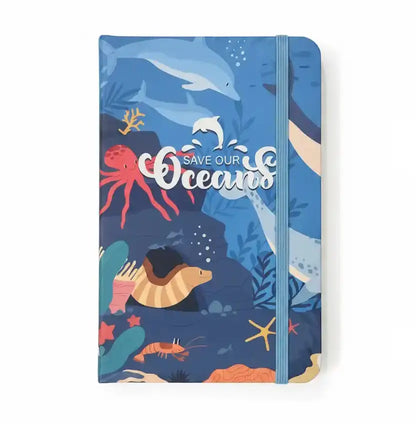 Notebook with ocean-themed design and 'Save Our Oceans' text on a white background