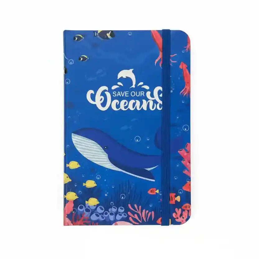Notebook with ocean-themed design and 'Save Our Oceans' text on a blue background