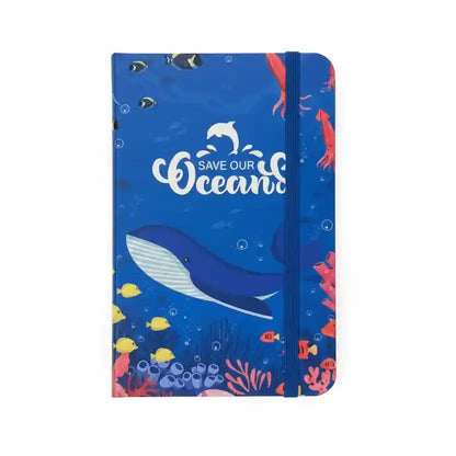 Notebook with ocean-themed design and 'Save Our Oceans' text on a blue background