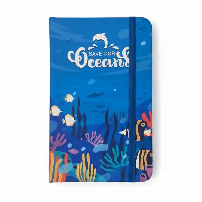 Notebook with ocean-themed design and 'Save Our Oceans' text on a blue background