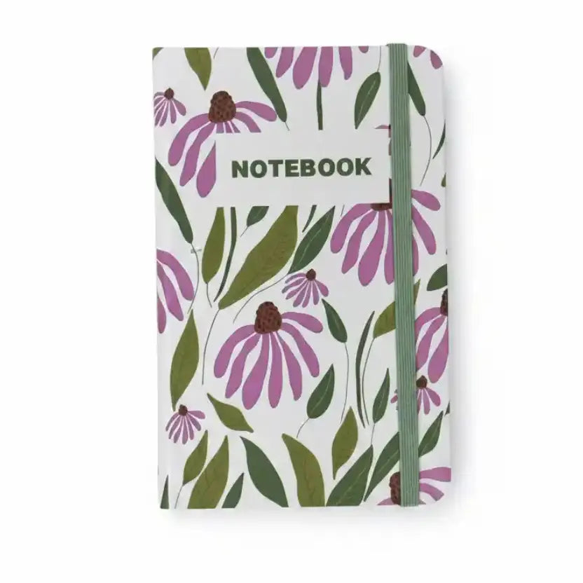 Floral notebook with a green strap on a white background