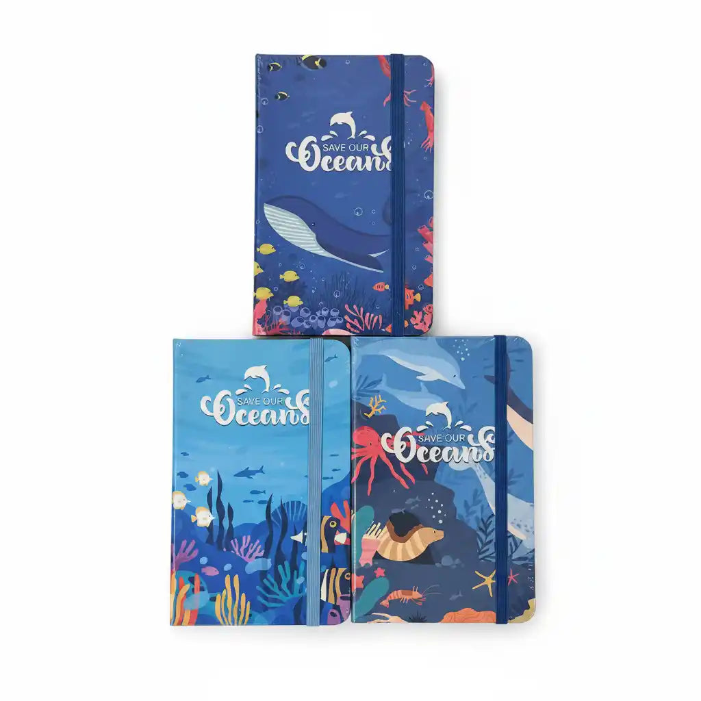 Three notebooks with ocean-themed designs and 'Save Our Oceans' text on a white background