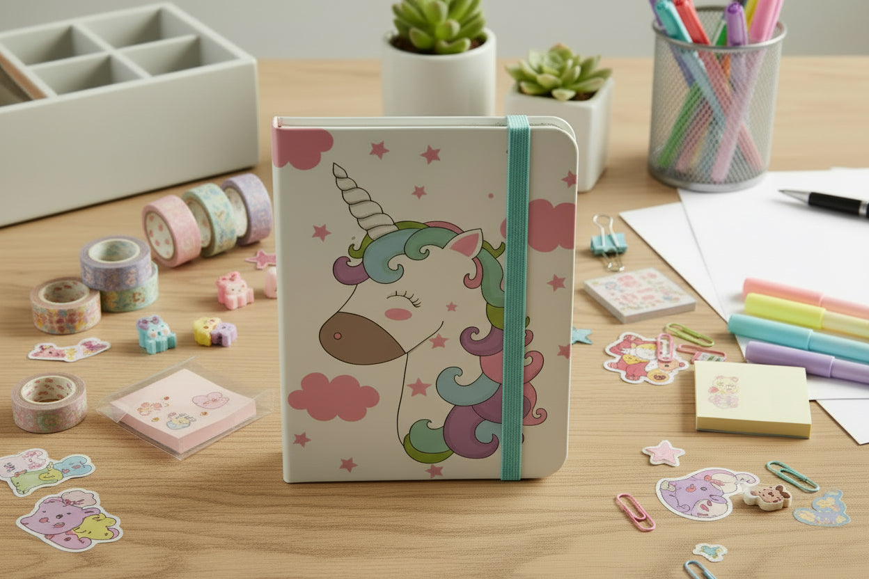 Unicorn-themed notebook on a desk with stationery items