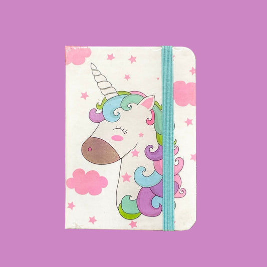 Notebook with a colorful unicorn design on a purple background