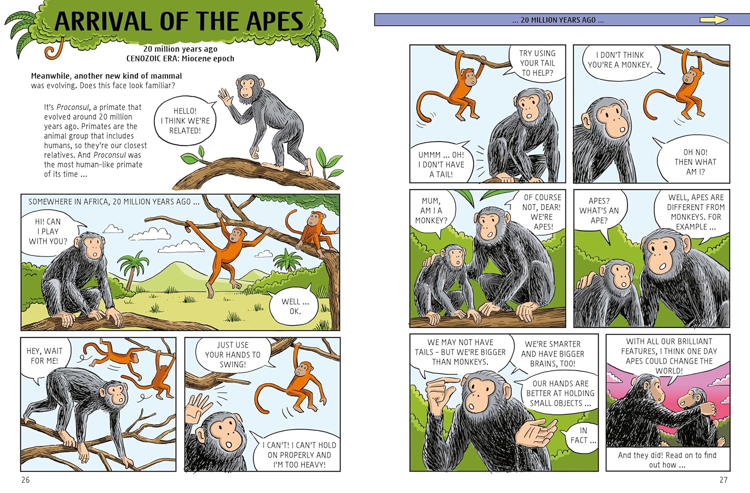 Comic strip about the arrival of apes with various dialogues and illustrations.