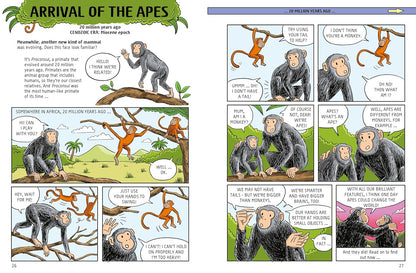 Comic strip about the arrival of apes with various dialogues and illustrations.