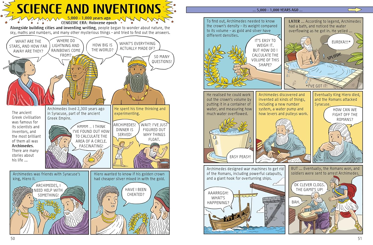 Comic strip about science and inventions with historical figures and inventions.