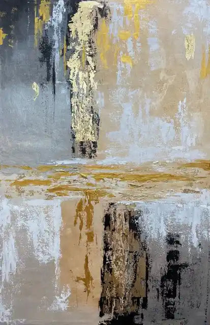 Abstract canvas wall art featuring textured brushstrokes in beige, gray, white, black, and gold, with a reflective water-like effect near the bottom.
