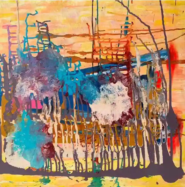 Abstract painting with layered brushstrokes and drips in yellow, blue, purple, red, black, and white, filling the entire frame.
