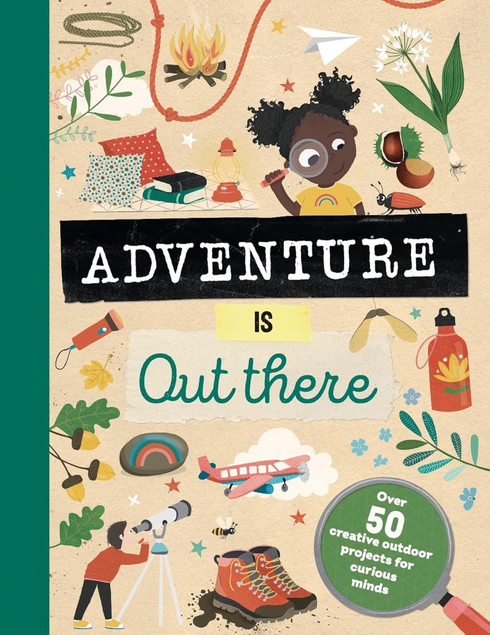 Book cover with illustrations of outdoor activities and text 'Adventure is Out There' on a beige background.