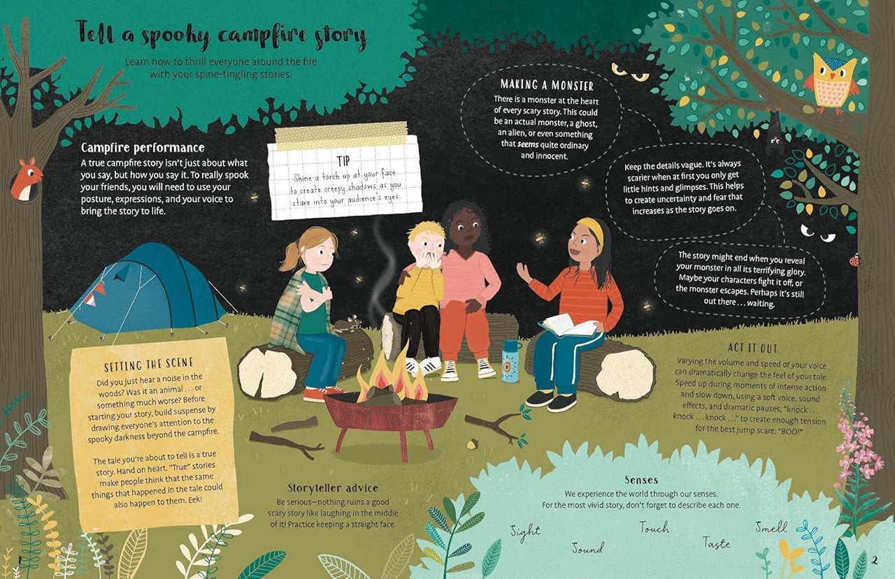 Illustration of a group of people around a campfire with text about telling spooky campfire stories.