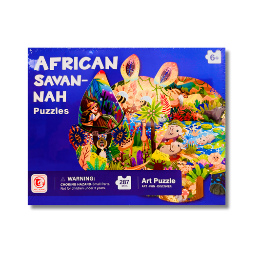 African Savannah, rhino shaped puzzle packaging with colorful illustrations on a blue background
