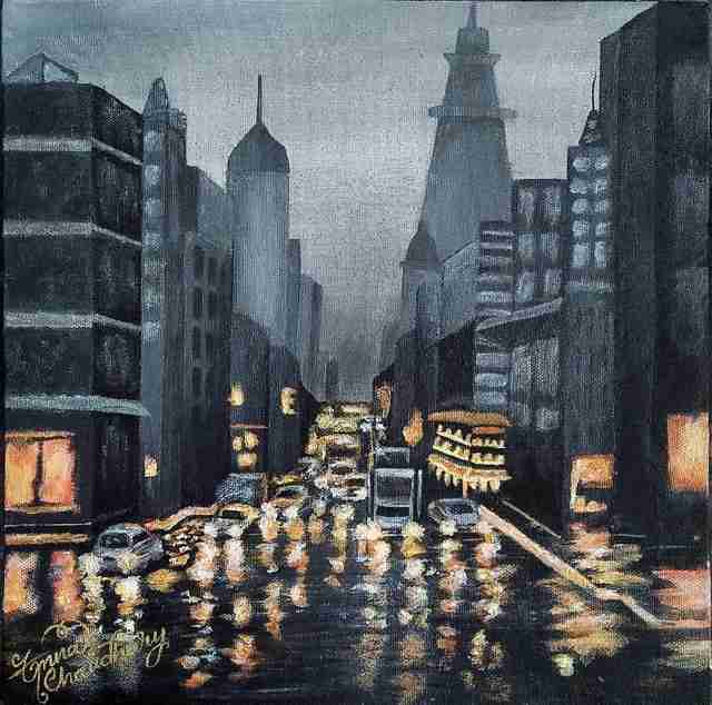 An impressionistic painting of a rainy city street with tall dark buildings, blurred cars, and bright yellow-orange reflections on wet pavement under a gray sky.