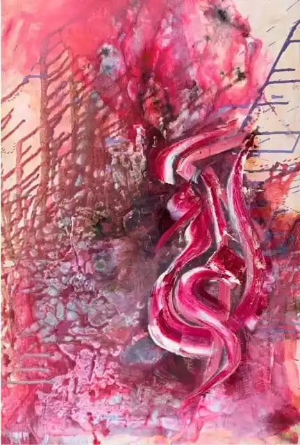 Abstract mixed-media painting featuring expressive splashes and swirls of vibrant pink, magenta, red, and white, with textured brushstrokes and darker maroon areas.