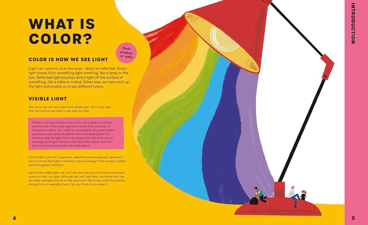 Educational illustration about color theory with a rainbow and text on a yellow background