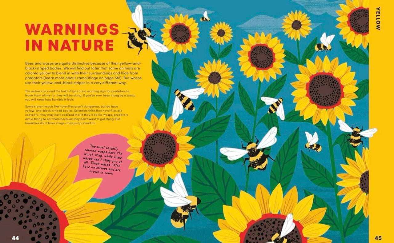 Illustration of sunflowers and bees with educational text on a blue background